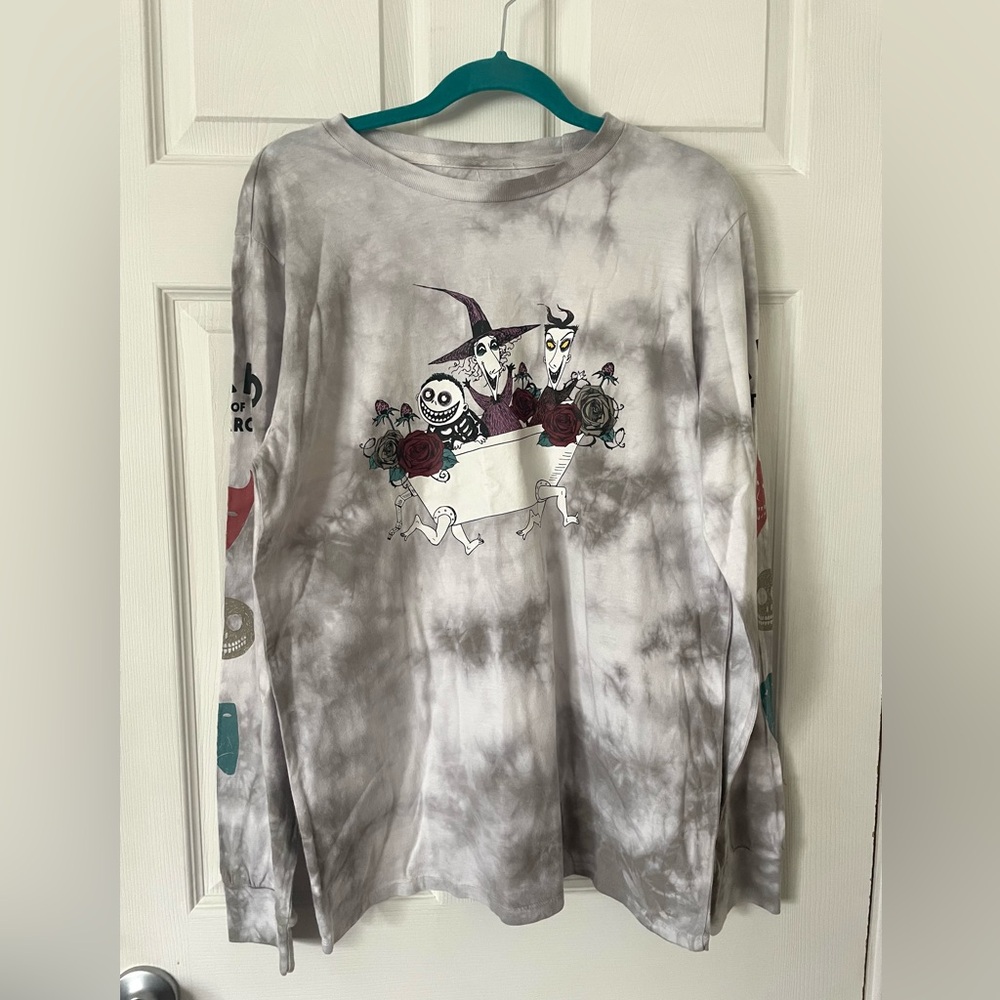 Gray Nightmare Before Christmas Tie-Dye Long Sleeve Shirt with Halloween Graphic
